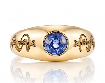 1CT Blue Sapphire Asclepius Signet Ring in 14K Solid Gold