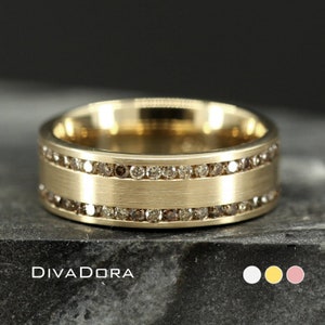 Fede nuziale in oro massiccio 14K, due file di diamanti marroni autentici, incastonatura a canale, anello personalizzabile, incisione laser gratuita, DC723-2BR