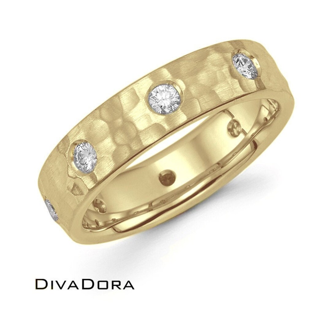 14K Solid Gold Wedding Band With Genuine Diamonds, Hammered Band