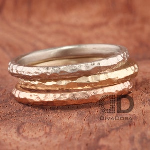 14K Solid Gold Hammered Stacked Ring, 2mm Wide, Comfort Fit, Free Laser Engraving, Customizable, DHR102