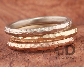 14K Solid Gold Hammered Stacked Ring, 2mm Wide, Comfort Fit, Free Laser Engraving, Customizable, DHR102