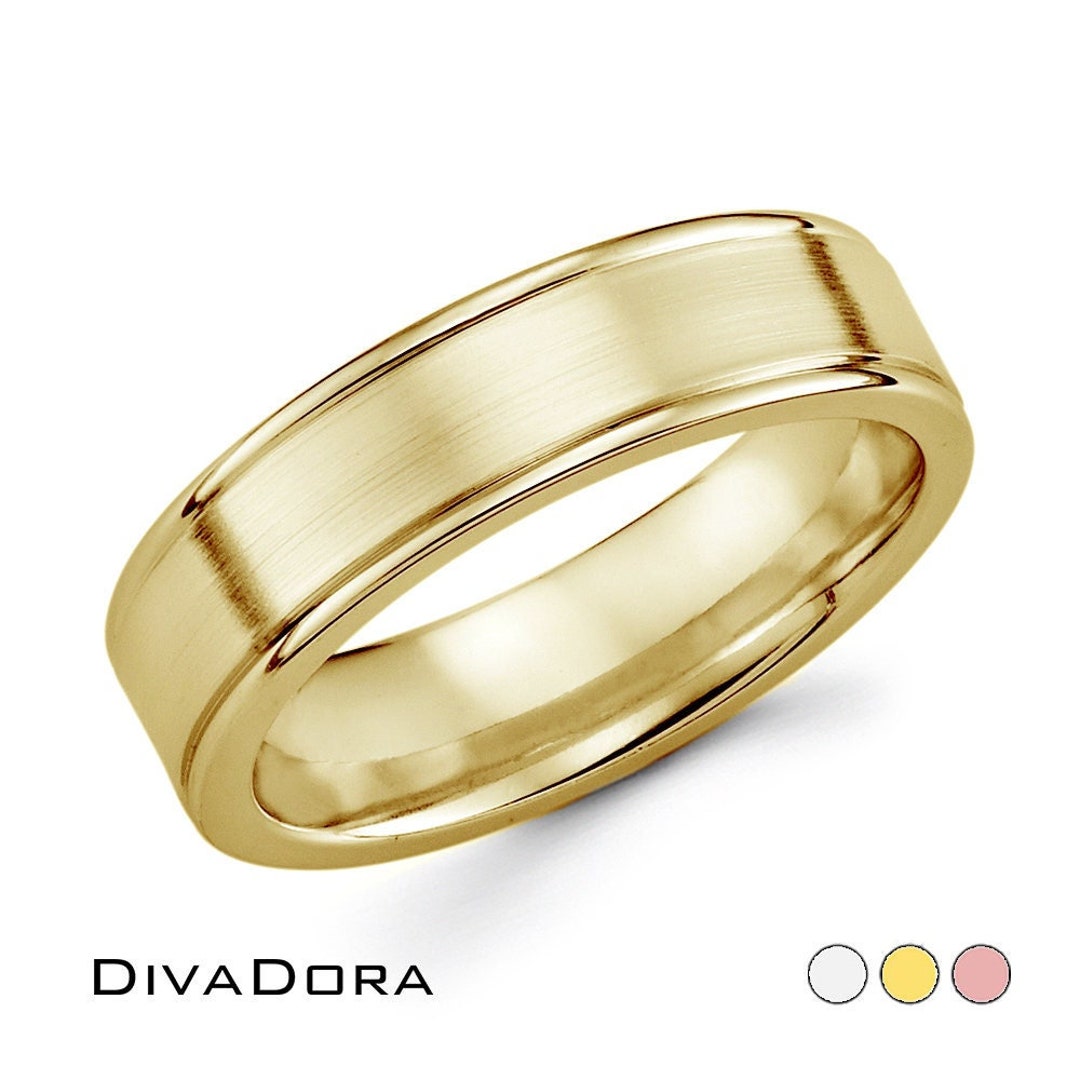 14K Solid Gold Wedding Band, Flat and Brushed Center, Traditional