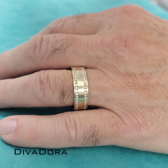 Bague De Mariage Homme Or Blanc 14 Carats Serti Diamants - Sur Mesure, Fait Main