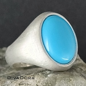 Silver Turquoise Signet Ring, Oval, Brushed or Polished, Comfort Fit, Free Laser Engraving, Personalized, 925 Sterling Silver, SROS1