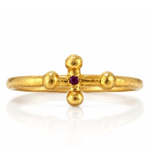 Byzantine Ruby Cross Ring in Weathered 24K Gold