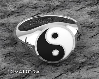 Yin Yang Silver Enamel Ring, Chinese "Peace" Engraving, Free Engraving on Shank, Silver or Gold, SRER14