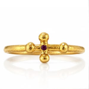 Byzantine Ruby Cross Ring in Weathered 24K Gold