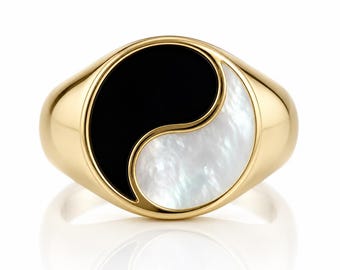 14K Solid Gold Chinese Yin Yang Ring with Black Onyx and Mother of Pearl, Signet ring, Yin Yang Ring, DRM15