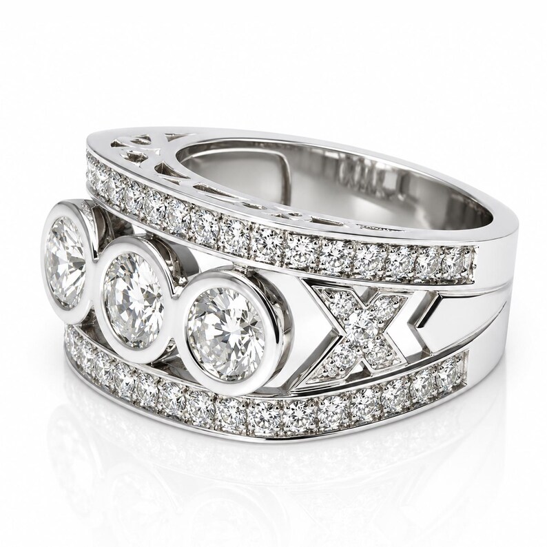 A silver ring with three large diamonds set in a decorative band.