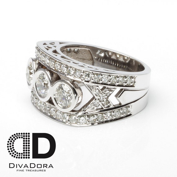 1.20ct Round Center Diamonds Ring in 14K Solid White Gold Accented with 1.10ct Diamond Bars, Diamond Patterns, Symbolic Statement Ring DR177