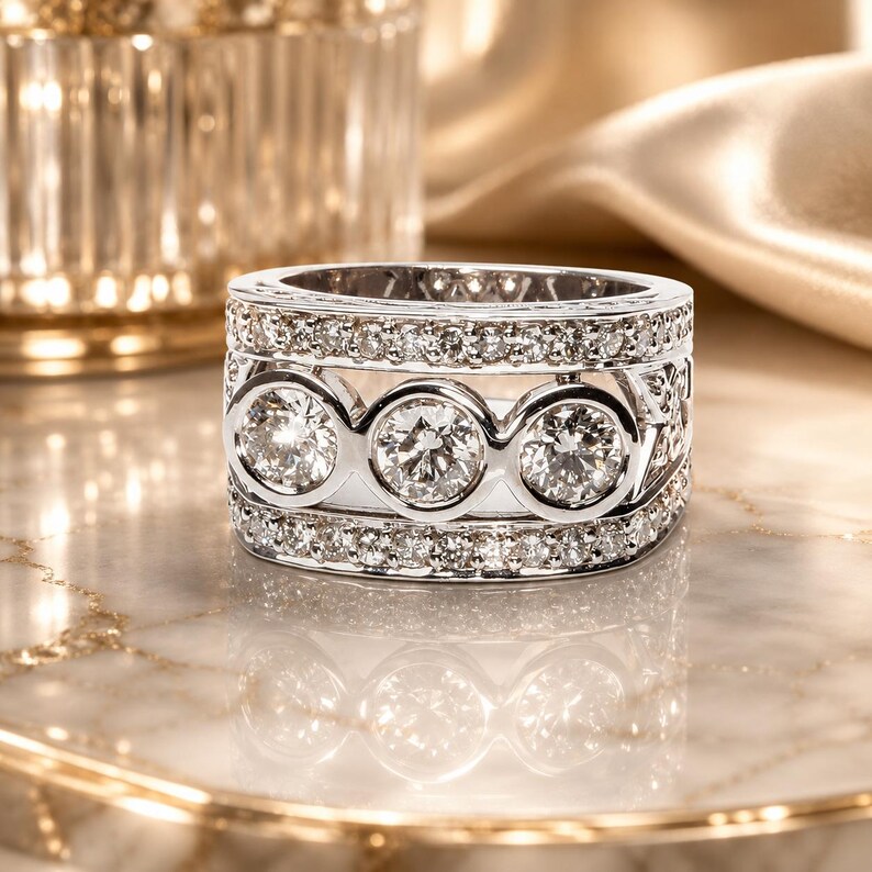A diamond ring with a large central diamond surrounded by smaller diamonds on either side, placed on a marble surface.