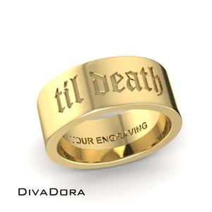 14K Solid Gold Wedding Band, Till Death Do Us Part, 8mm wide, Free Engraving