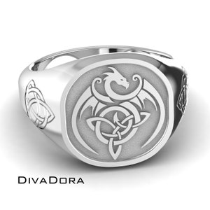 Silver Celtic Dragon Ring, Celtic Knot, Free Custom Engraving, SRC14
