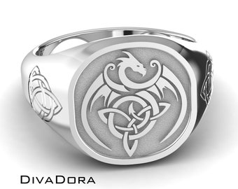 Silver Celtic Dragon Ring, Celtic Knot, Free Custom Engraving, SRC14