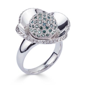 Modern Diamond Quatrefoil Ring in 18K Solid White Gold, Diamonds Ring, Blue Diamonds, White Diamonds, Floral Ring, Gift for Wife, DR1185W