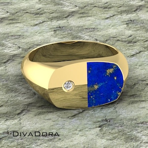 Anillo de sello de oro macizo de 14 quilates con lapislázuli y diamante, grabado personalizado gratuito, sello rectangular, ajuste cómodo, SRD107