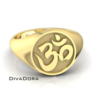 14K Solid Gold Hindu Om Signet Ring, Free Laser Engraving, Silver or Gold, SRR13