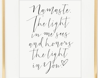 Namaste Art Print. The light in me sees and honors the light in you Inspirational Art. Typographic Art. Yoga Art. Wall Art. Gold Art Print..
