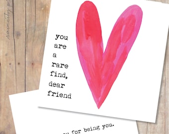 You are a rare find, dear friend card. BFF Valentines Day, Galentine's Day, Friend Birthday Card. Water Color Heart Friendship Greeting Card