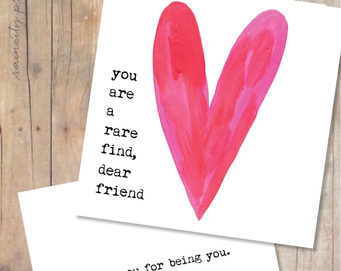 You are a rare find, dear friend card. BFF Valentines Day, Galentine's Day, Friend Birthday Card. Water Color Heart Friendship Greeting Card