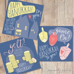 Jeu de cartes de Hanoukka mixte de 8. Cartes de Hanoucca. Que l’amour et la lumière remplissent votre cœur et votre maison, cartes en boîte de vacances, cartes menorah gelt dreidel