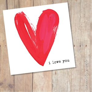 I love you Painted Heart Greeting Card. Valentines Day Card, Anniversary Card, Wedding Card, Birthday Card. Water Color Heart. Mothers Day
