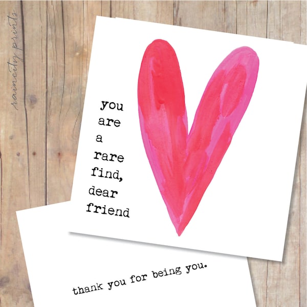 You are a rare find, dear friend card. BFF Valentines Day, Galentine's Day, Friend Birthday Card. Water Color Heart Friendship Greeting Card