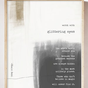Roald Dahl Glittering Eyes Print. Zegarek z błyszczącymi oczami Inspirująca sztuka. Wydruk typograficzny. Sztuka ścienna. Wystrój domu. Cytat Roalda Dahla