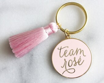 Team Rosé Enamel Gold Keychain with Pink Tassel. Bff wine keychain gift. Wedding party gift. Mothers Day Gift. Gift for mom. Wine lover gift