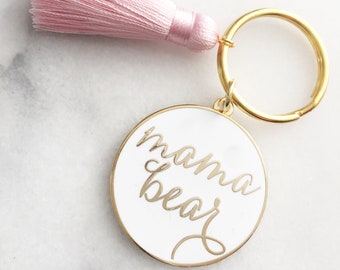 Mama Bear Enamel Gold Keychain with Pink Tassel. Stocking stuffer for Mom. Mothers Day Keyring Gift. Mama Bear Flair. Gift for mom bff.