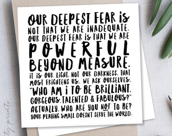 Marianne Williamson Quote Card. Inspirational Card. Powerful beyond measure Nelson Mandela quote card. Graduation Card. Motivational card