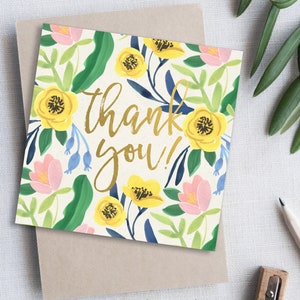 Gold foil embossed Thank You Card. Elegant Water Colour floral thank you card. Teacher Thank You card. Blank Greeting Card