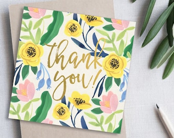 Set of 8 Gold foil embossed Thank You Cards. Elegant Water Colour floral thank you card. Wedding Thank You cards. Bridesmaid thank you