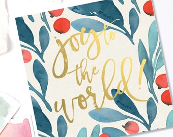 Joy to the World Christmas Card. Gold Foil Embossed Joy Holiday Cards. Gold and Floral Holiday gift wrapping. Holiday boxed card set.