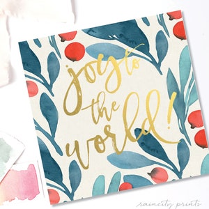 Joy to the World Christmas Card. Gold Foil Embossed Joy Holiday Cards. Gold and Floral Holiday gift wrapping. Holiday boxed card set.
