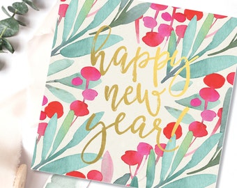 Happy New Year Card. Gold Foil Embossed Happy New Year Holiday Cards. Gold and Floral Holiday gift wrapping.