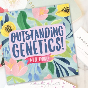 New Baby Congratulations Card. Outstanding Genetics New Baby Card. Floral Watercolor New Baby Greeting Card