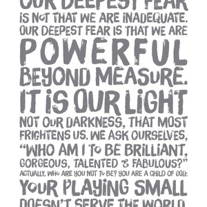 Inspirational Print Powerful Beyond Measure. Marianne Williamson Nelson Mandela quote. Typographic Print. Modern Wall Art Grey or Black. image 4