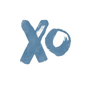 May include: A blue watercolor painting of the letters "xo" on a white background.