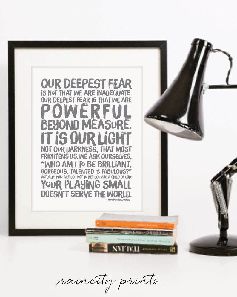 Inspirational Print Powerful Beyond Measure. Marianne Williamson Nelson Mandela quote. Typographic Print. Modern Wall Art Grey or Black. image 2