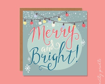 Merry and Bright Christmas Card, Holiday Cards, Holiday gift wrapping, holiday boxed card set, Christmas sticker set, retro greeting card