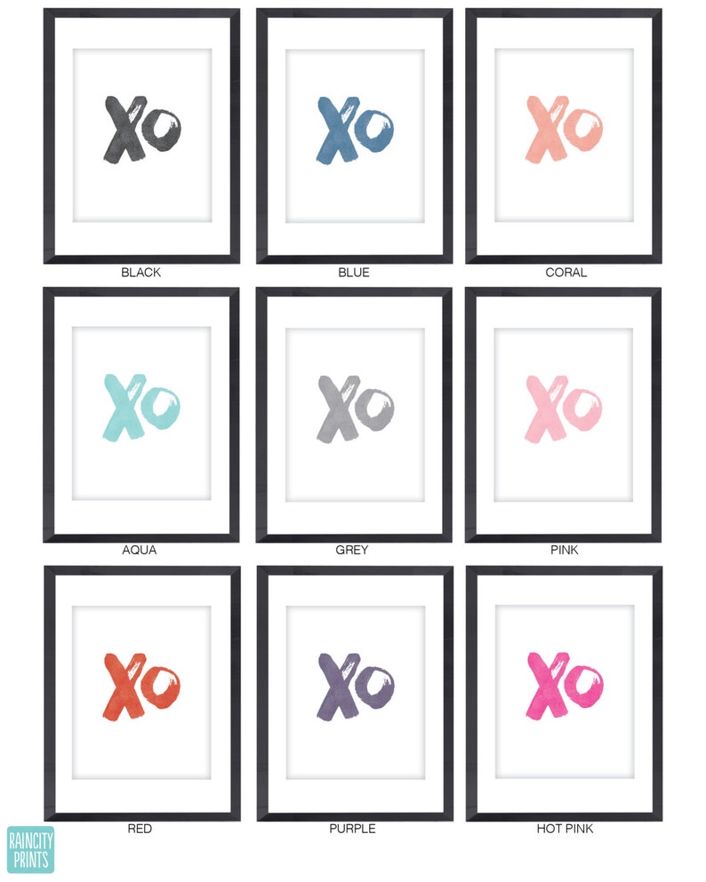 May include: Nine framed prints of the letters XO in different colors: black, blue, coral, aqua, grey, pink, red, purple, and hot pink.