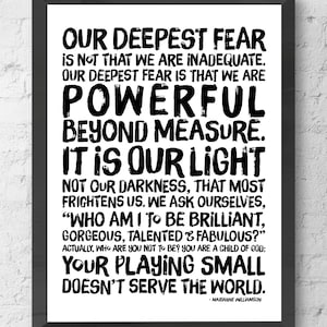 Inspirational Print Powerful Beyond Measure. Marianne Williamson Nelson Mandela quote. Typographic Print. Modern Wall Art Grey or Black.