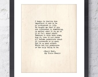 Roald Dahl My Uncle Oswald Art Print. Inspirational Print. Typographic Print. Typewriter Series. White Hot and Passionate. Modern Wall Art.