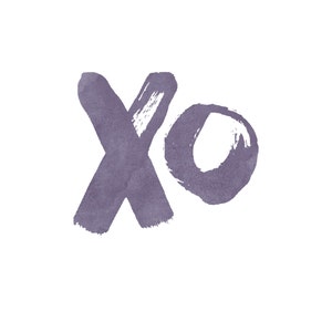 May include: A watercolor painting of the letters "xo" in a light purple color.