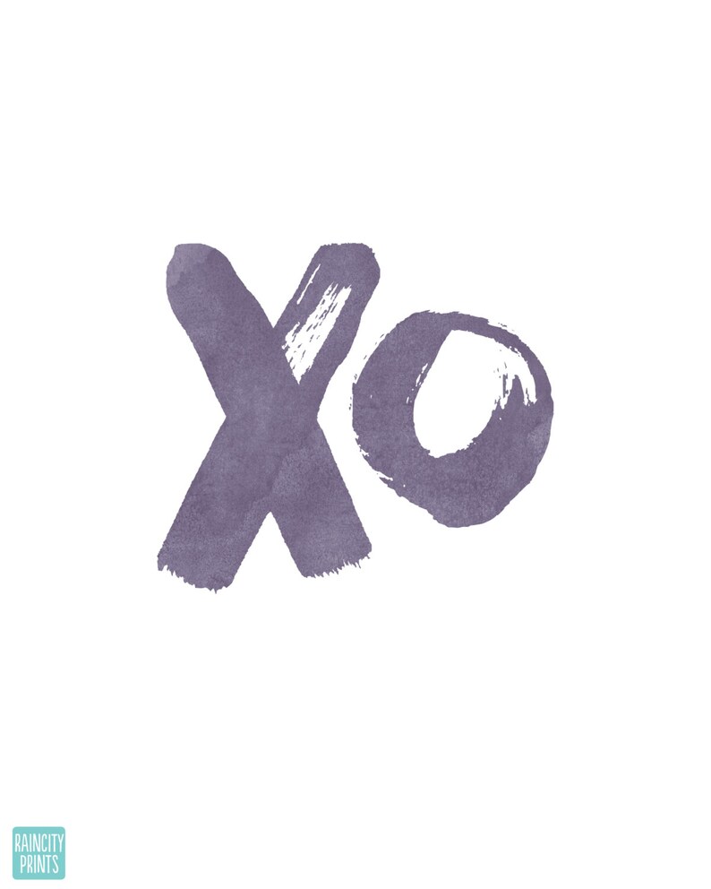 May include: A watercolor painting of the letters "xo" in a light purple color.