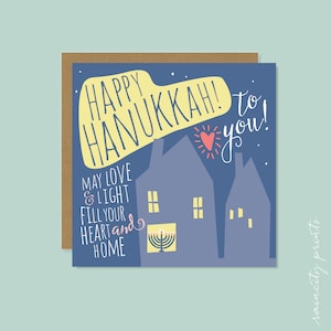 Carte Happy Hanoucca, carte de Hanoucca, que l'amour et la lumière remplissent votre cœur et votre maison, carte de vacances en boîte, carte de voeux illustrée, carte de menorah