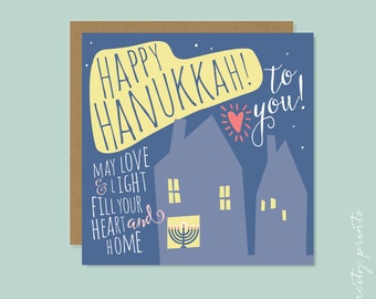 Happy Hanukkah Card, Chanukah Card, May Love and light fill your heart and home, holiday boxed card, illustrated greeting card, menorah card