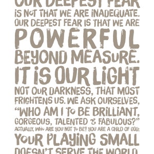 Inspirational Print Powerful Beyond Measure. Marianne Williamson Nelson Mandela quote. Typographic Print. Modern Wall Art Grey or Black. image 5