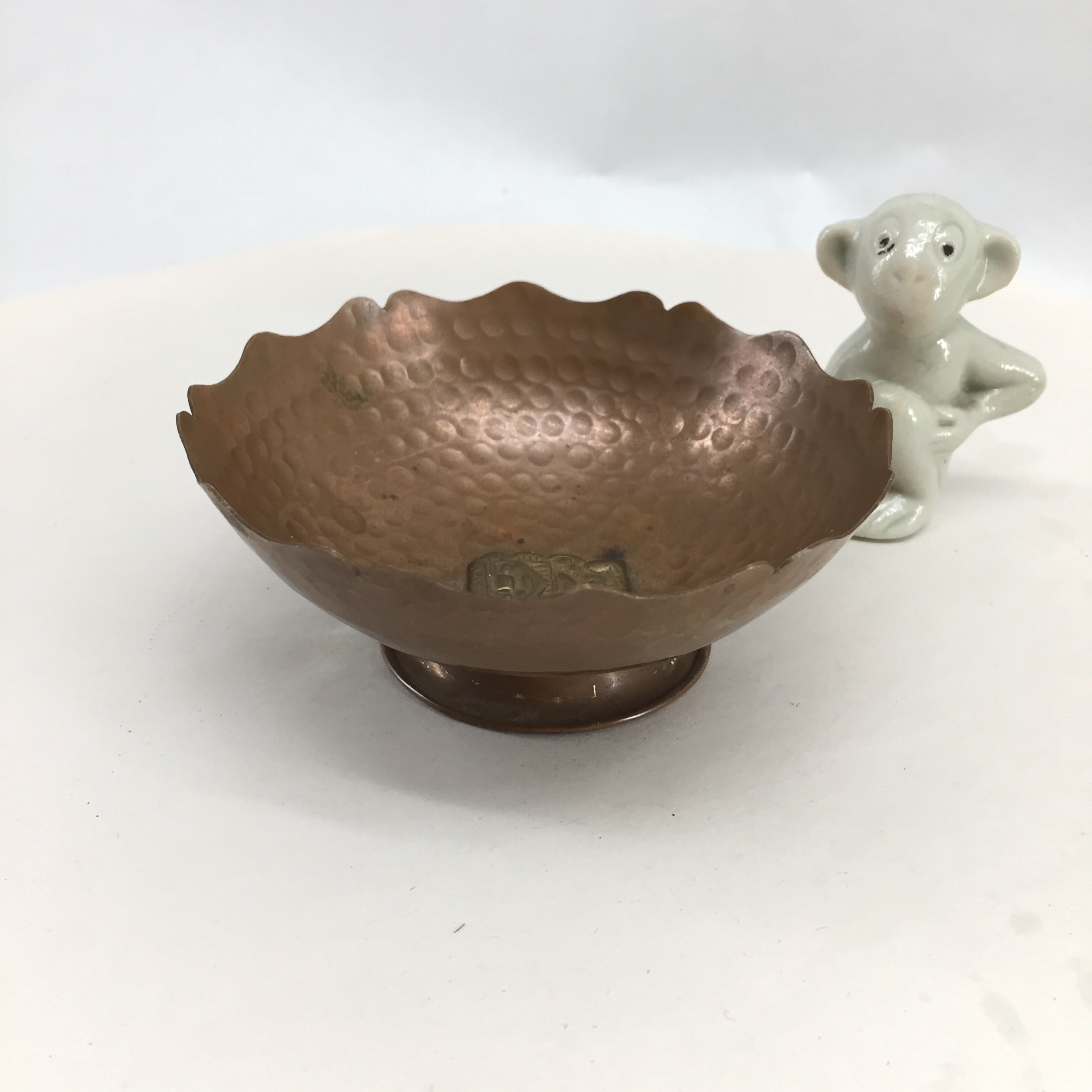 Hand-Hammered Mexican Copper Bowl with Brass Mayan Figure— c1950s